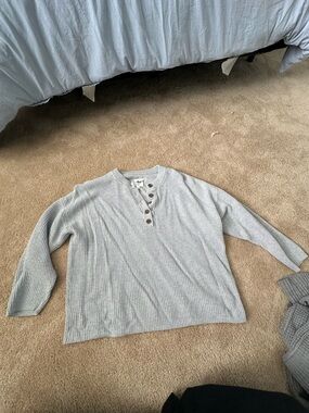 aerie Light Gray Ribbed Henley Sweater